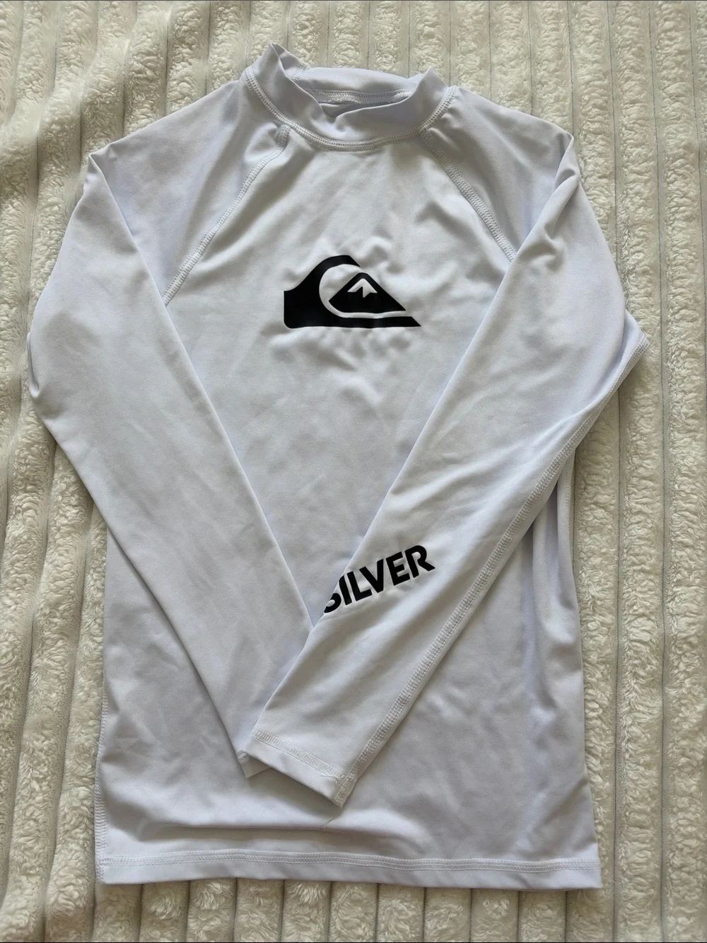 Quiksilver Men’s White Long-Sleeve Rash Guard with Black Logo